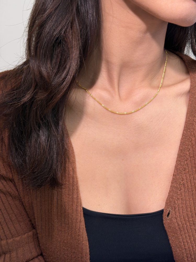 Figaro Chain Necklace (42cm) — 24K Pure Gold (worn photo)