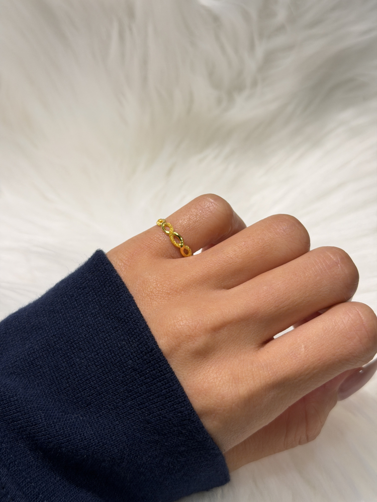 Half Sandblast Infinity Pinky Ring 2 — 24K Pure Gold (worn photo)