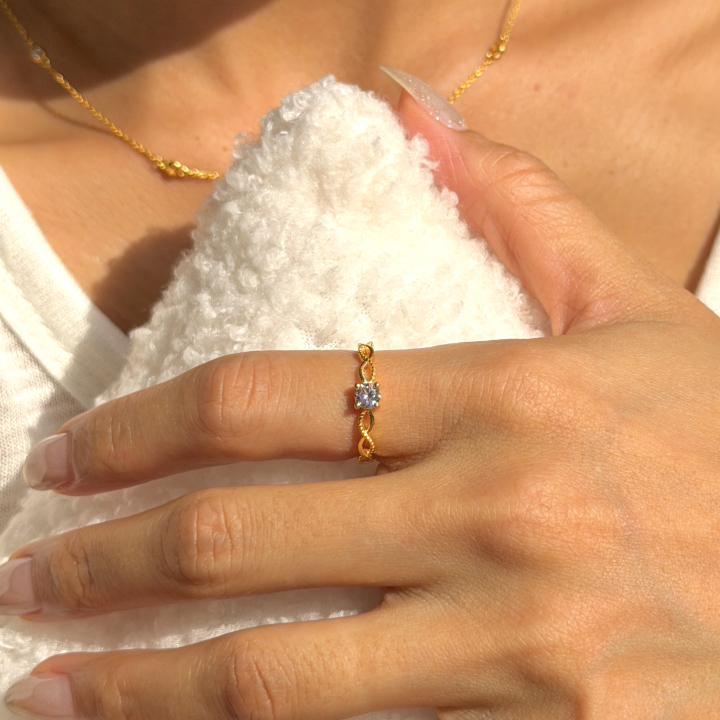 Solitaire Zircon Waves Ring — 24K Pure Gold (On model)