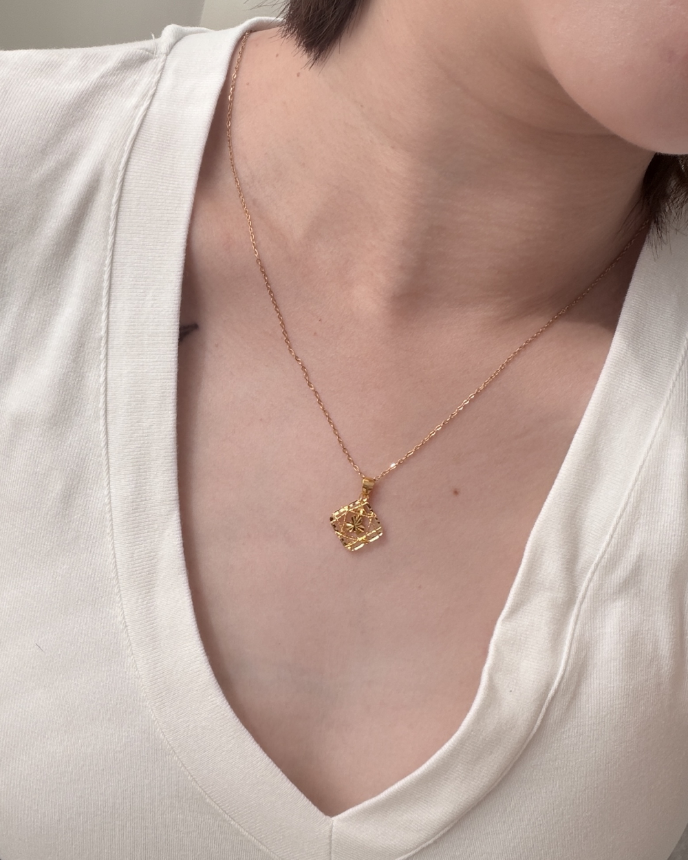 Square Filigree Lucky Clover Pendant — 24K Pure Gold (On model)