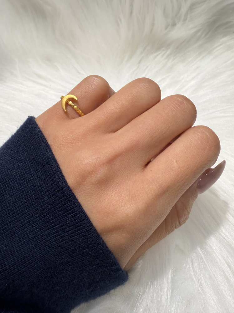 Moon Pinky Ring — 24K Pure Gold (worn photo)