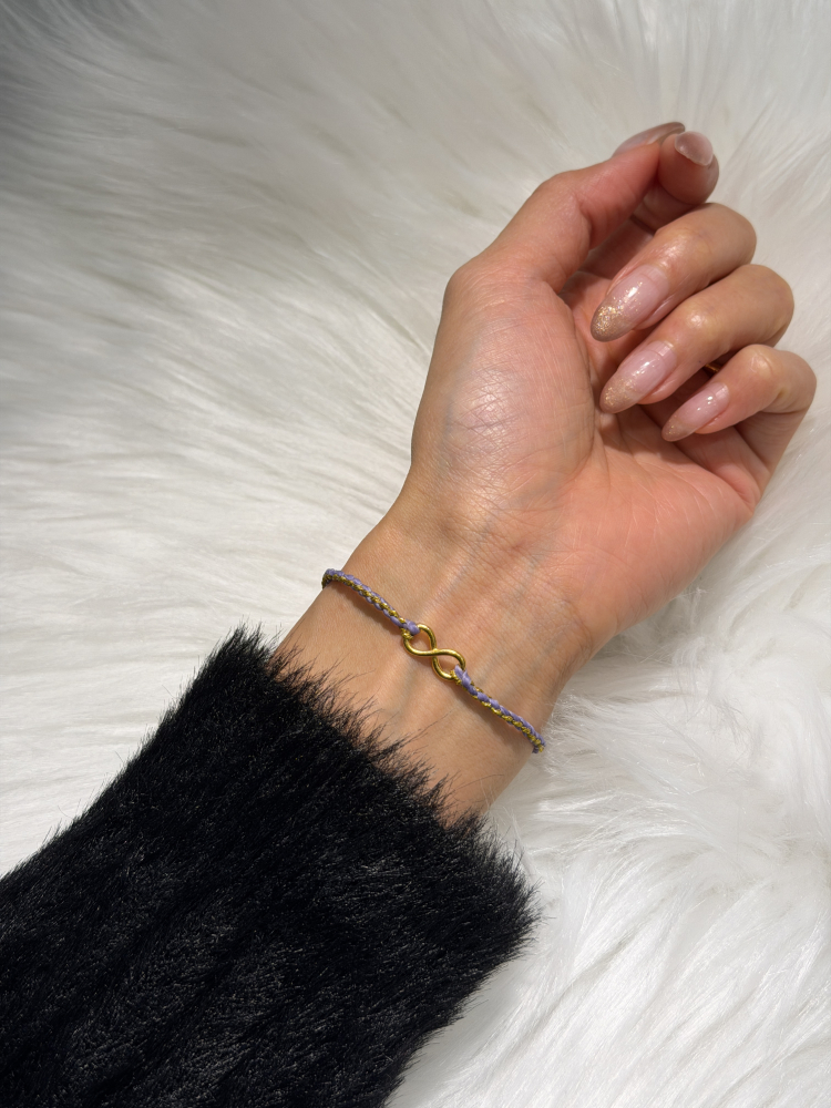 Custom Infinity Wax Cord Bracelet (Purple & Gold) — 24K Pure Gold (worn photo)