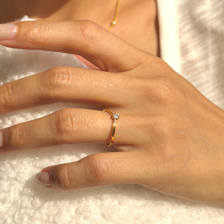 V Shaped Solitaire Zircon Ring — 24K Pure Gold (On model)