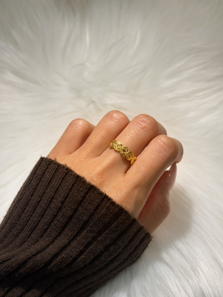 Crushed Ice Five Emperors Coin Ring — 24K Pure Gold (worn photo)