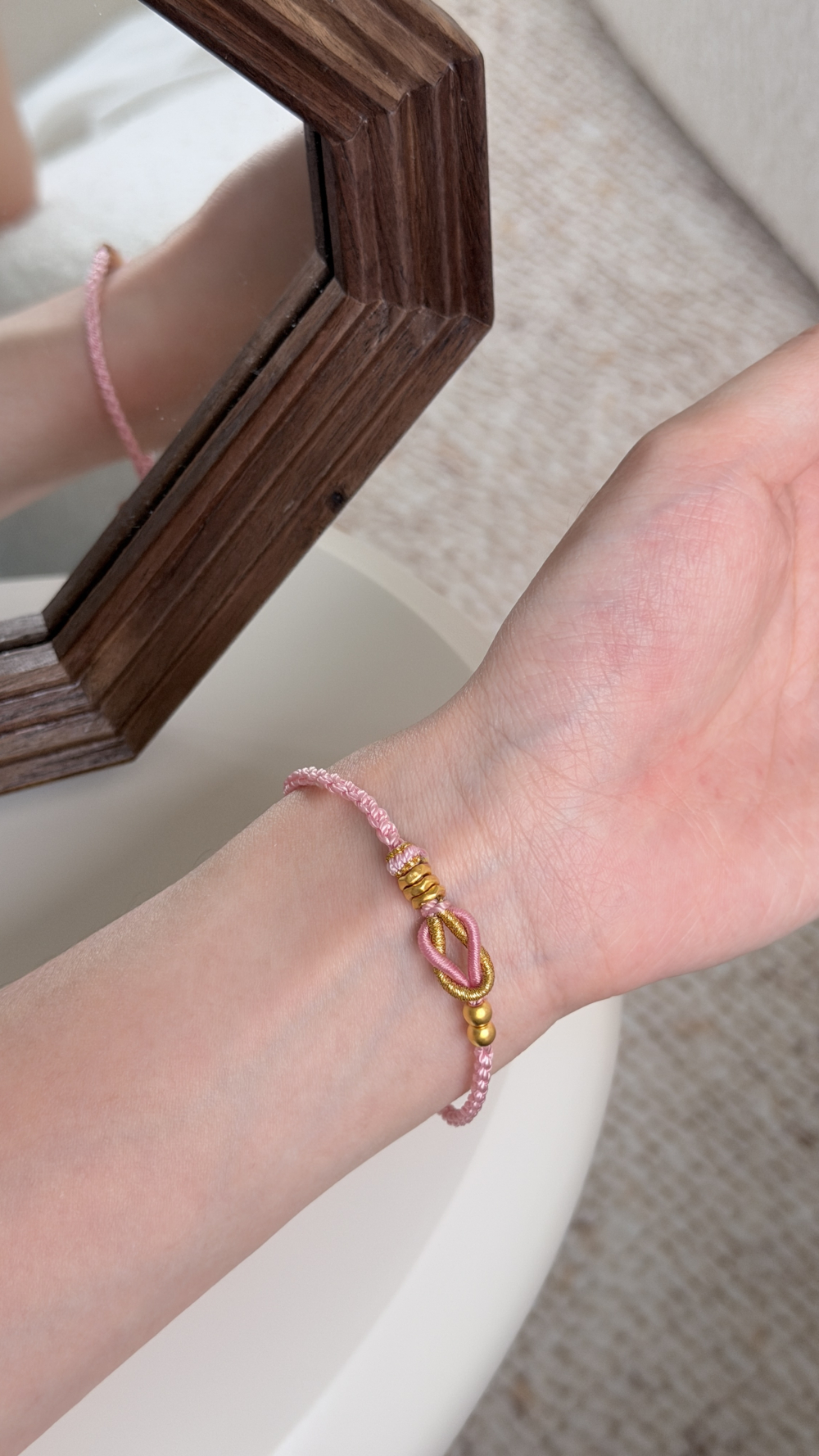 Custom Peace Knot Bead Cord Bracelet (Pink) — 24K Pure Gold (On model)