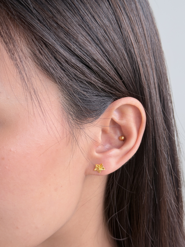 夜空中最耀眼|5G金絲星星耳針 — 純金9999 (worn photo)