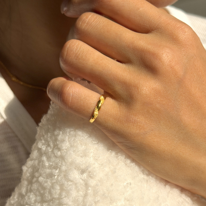 Round Twisted Sandblast Pinky Ring — 24K Pure Gold (On model)