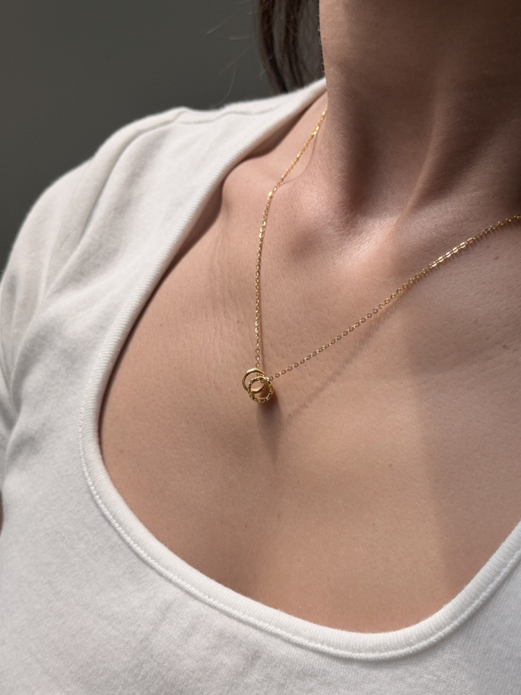 LOVE Pineapple Ring Necklace (41+2.5 cm) — 24K Pure Gold (worn photo)