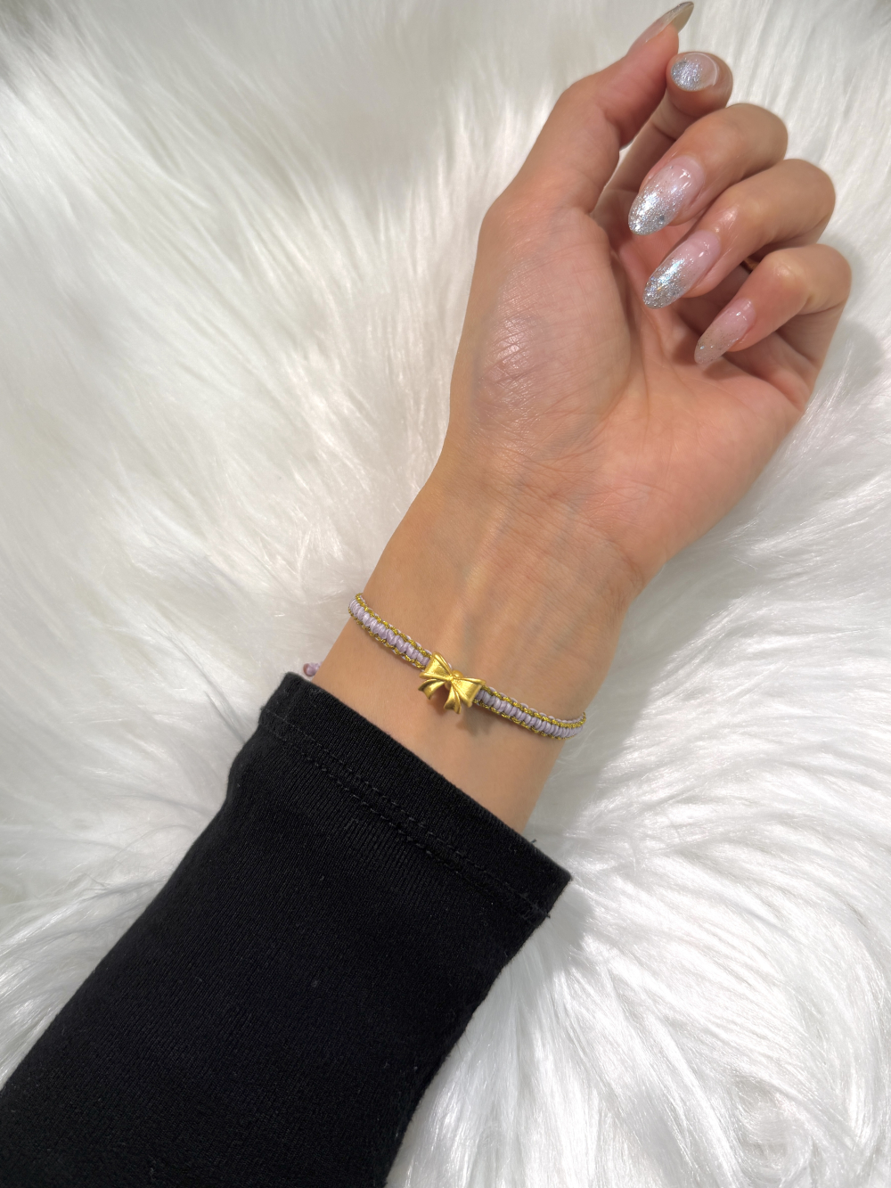 Custom Bow Wax Cord Bracelet (Light Lavender Gold) — 24K Pure Gold (worn photo)