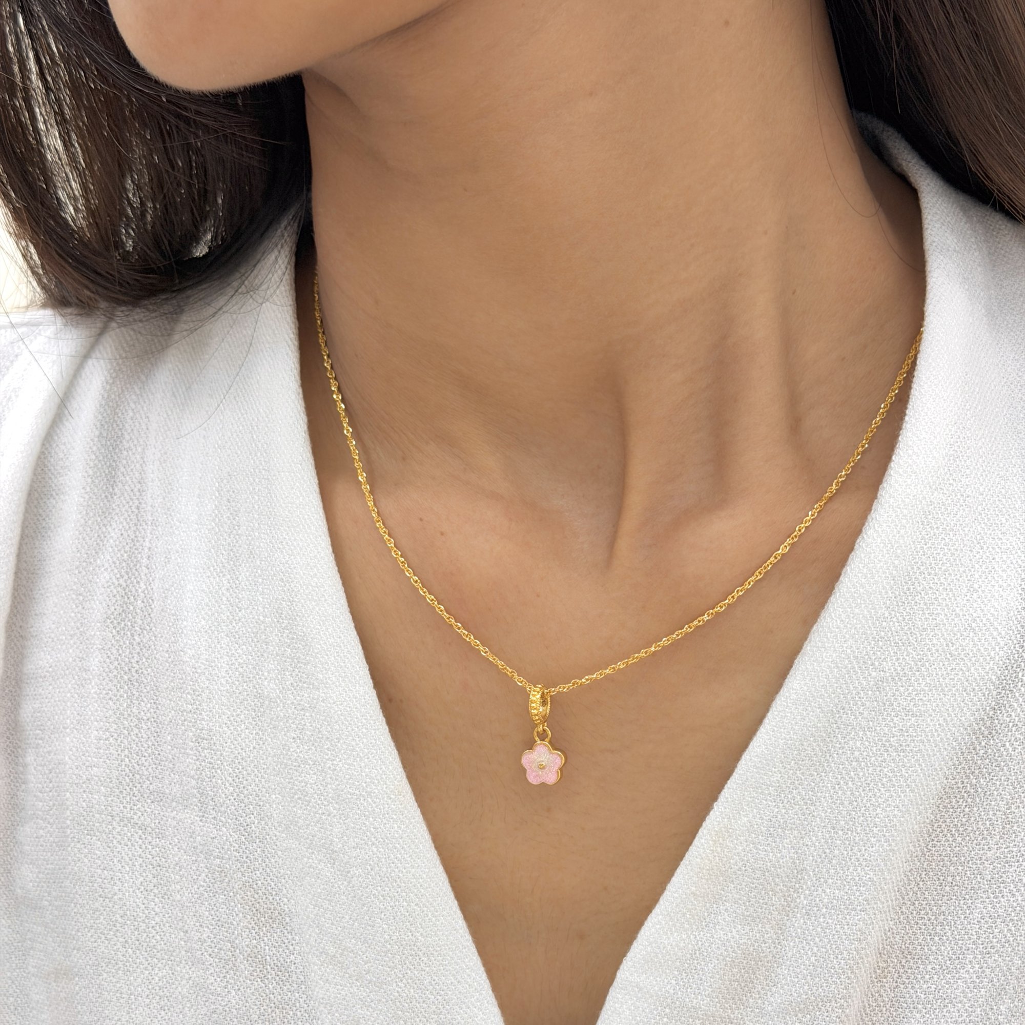 Pink Cherry Blossom Pendant — 24K Pure Gold (On model)